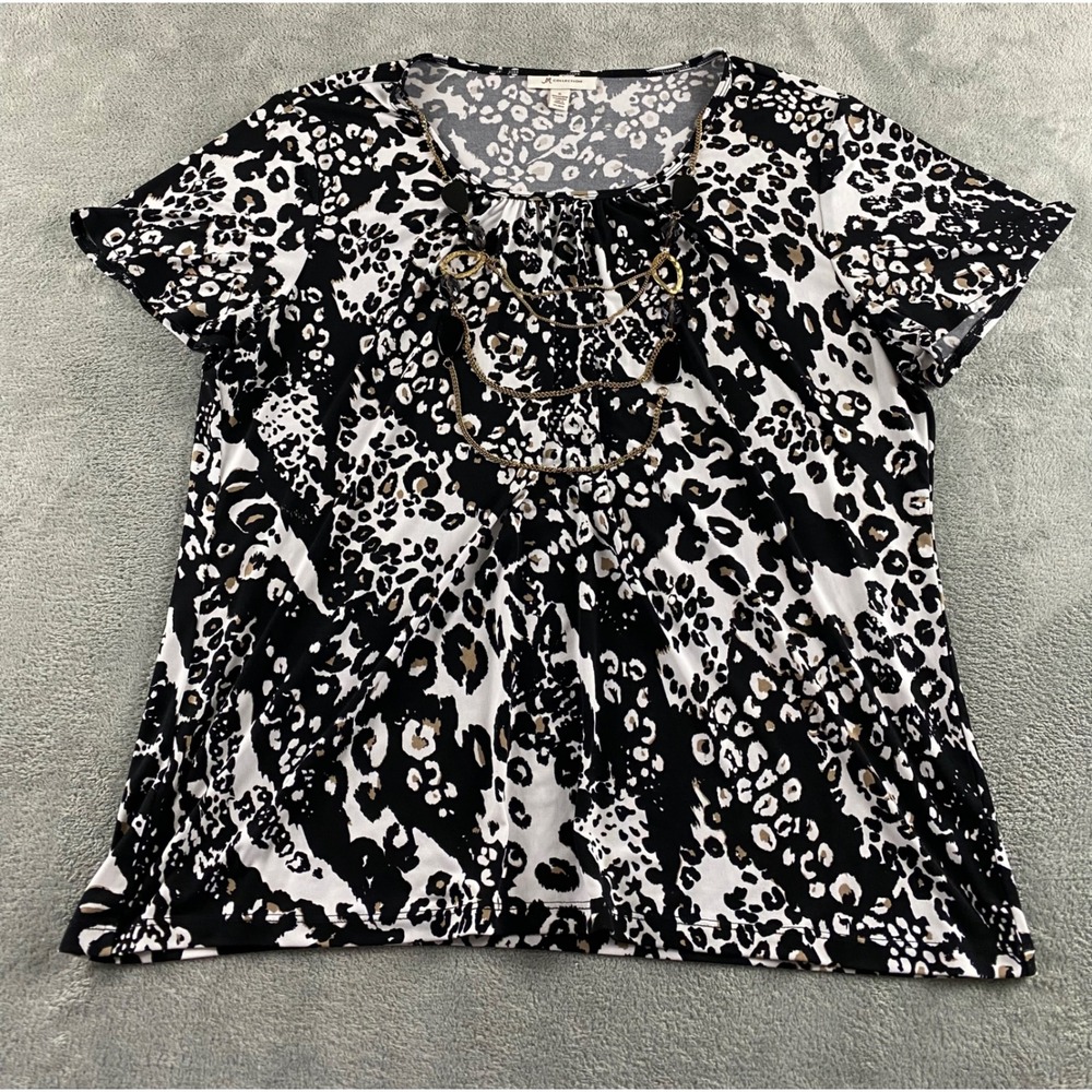 JM Collection Womens XL Leopard Print Short Sleeve Top Built-In Necklace Black‎